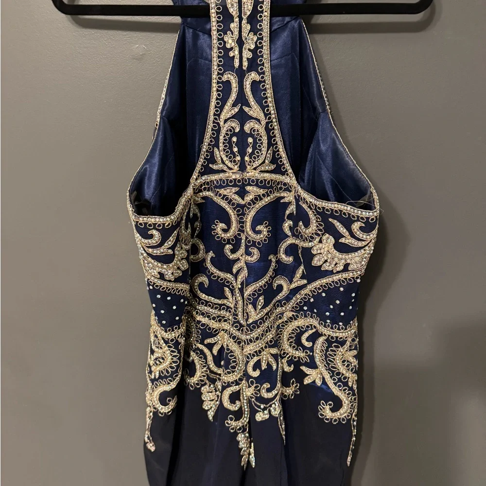 Jovani Blue and Gold Beaded Halter Prom Gown / Dress - Picture 8 of 16